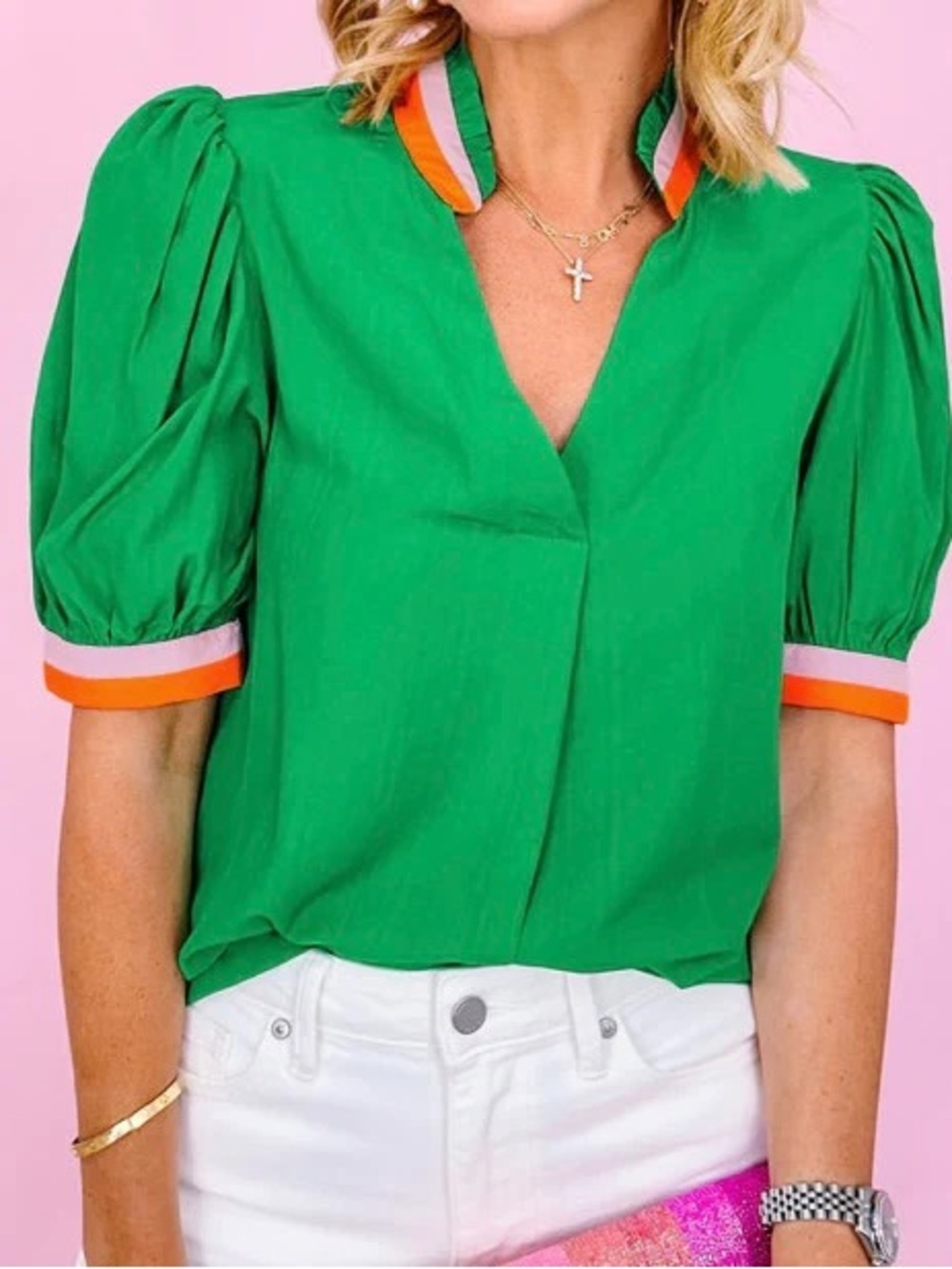 Green Puff-Sleeve V-Neck Top with Contrast Trim